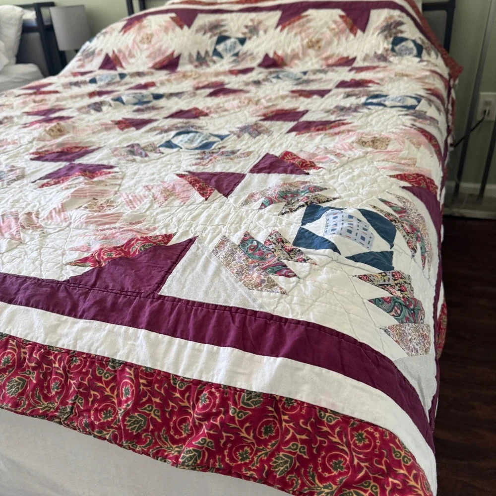 Vintage Handmade Pineapple Patchwork Quilt Purple Red Paisley Floral king READ